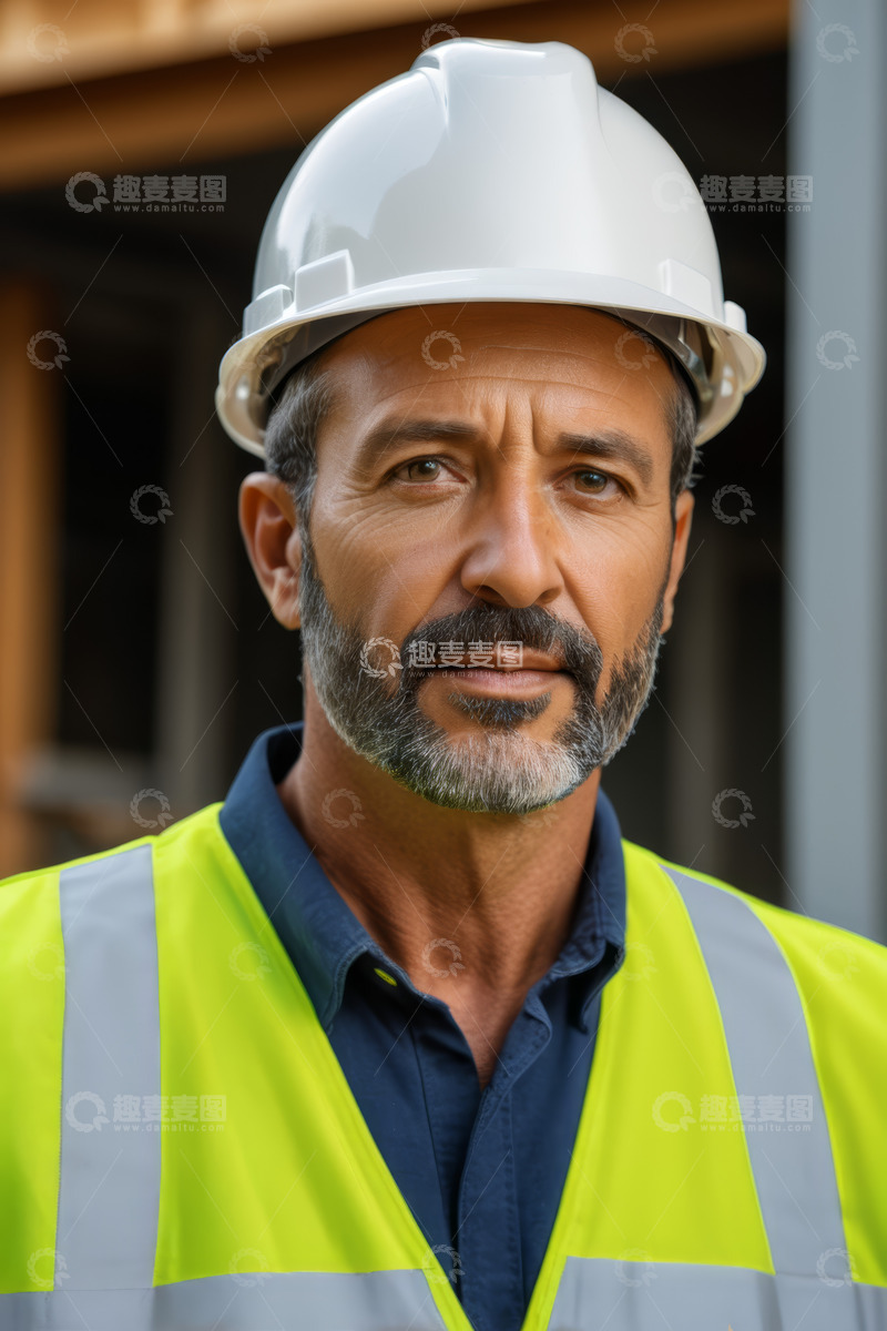 高清大图下载【趣麦麦图】戴安全帽穿反光背心的男性工人