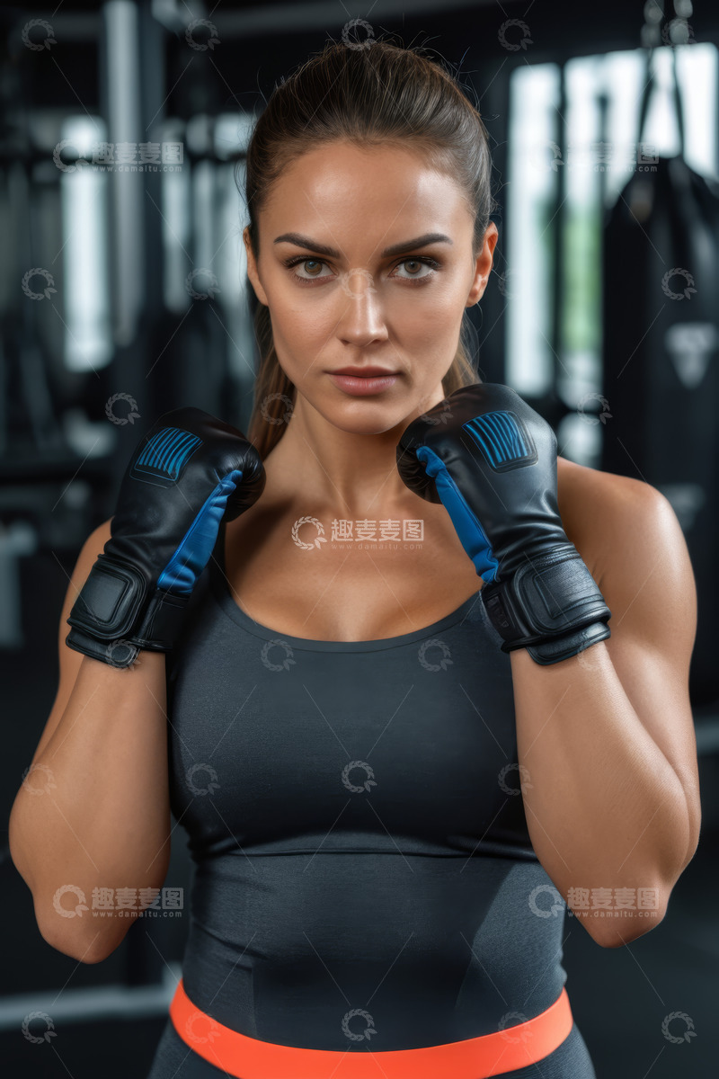 高清大图下载【趣麦麦图】健身房中戴拳击手套的女性