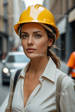 戴安全帽的女性街头形象