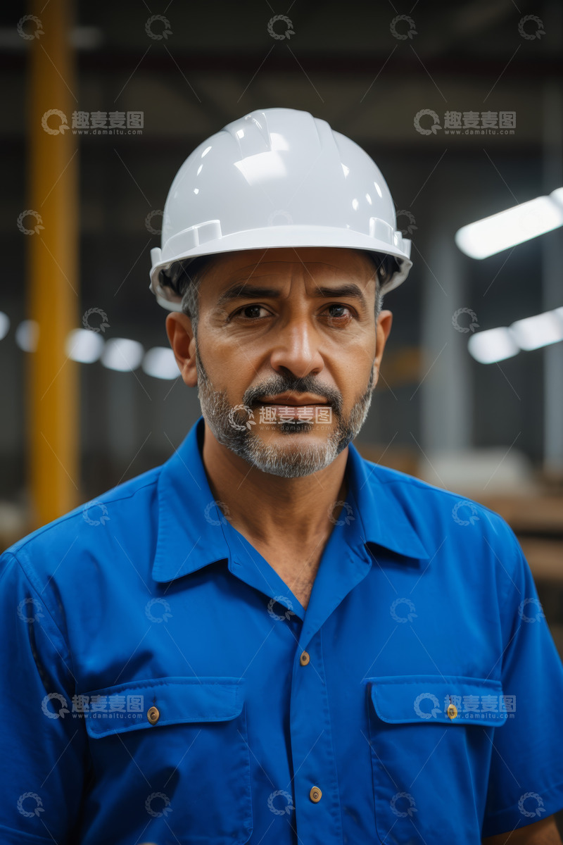 高清大图下载【趣麦麦图】工厂工人穿制服戴安全帽特写
