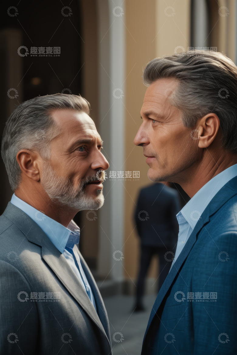 户外两位商务男士面对面交流