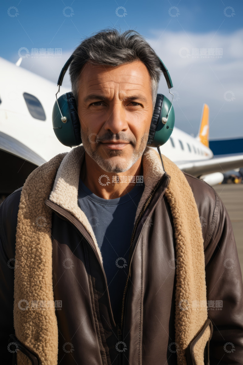 高清大图下载【趣麦麦图】机场男子戴耳机站在飞机前