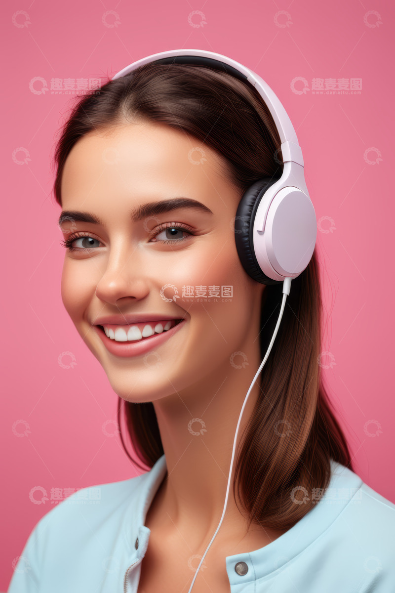 高清大图下载【趣麦麦图】戴耳机微笑的年轻女性