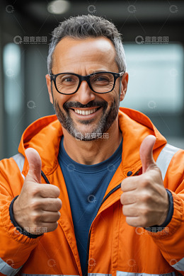 穿橙色外套男人竖大拇指