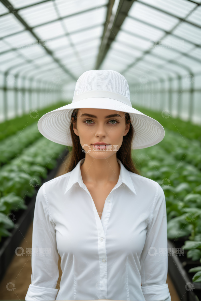 高清大图下载【趣麦麦图】温室中穿白衬衫戴帽的女子