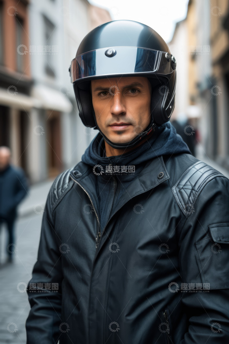 高清大图下载【趣麦麦图】街头身着皮衣戴头盔的男子