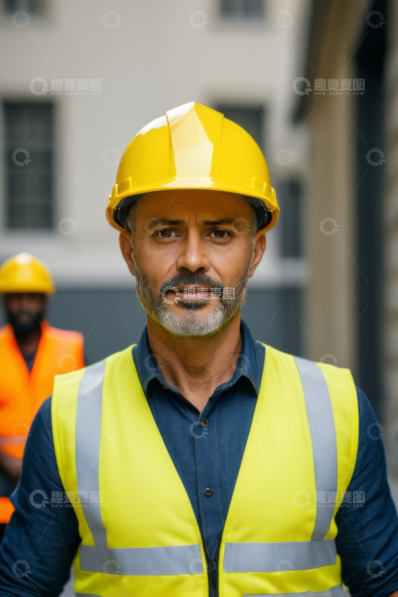 高清大图下载【趣麦麦图】戴安全帽穿反光背心的工人