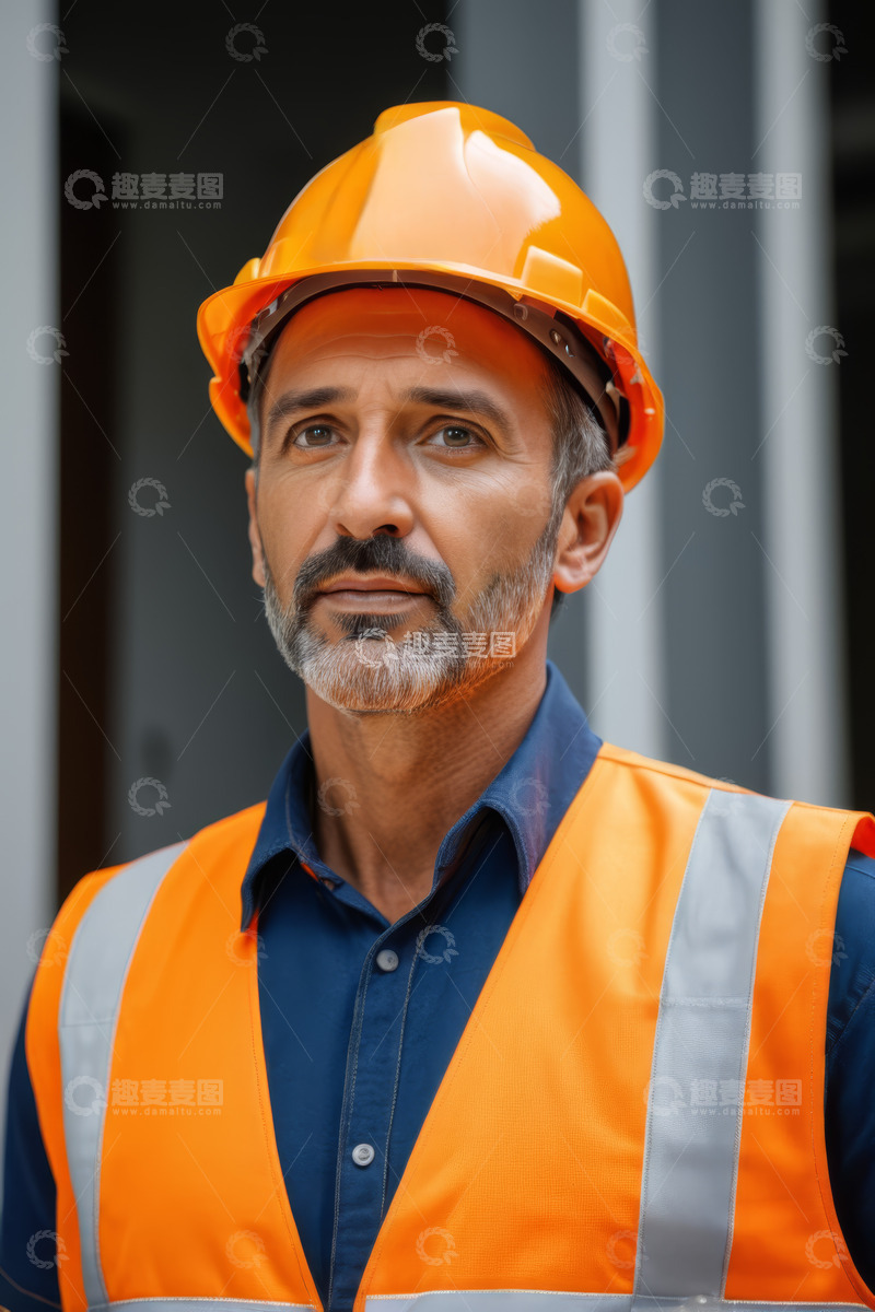 高清大图下载【趣麦麦图】戴安全帽穿反光背心的工人