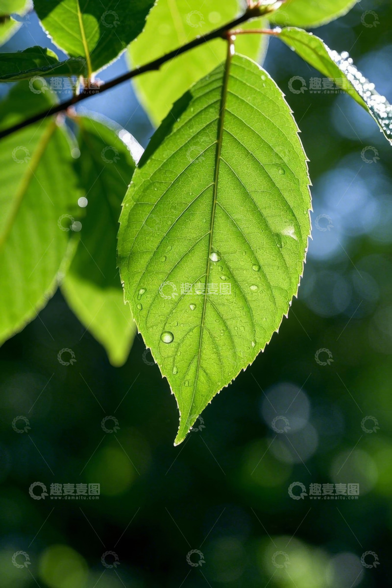 高清大图下载【趣麦麦图】带水珠的绿色树叶特写