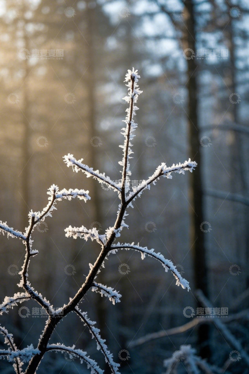 高清大图下载【趣麦麦图】覆雪树枝与森林背景景象