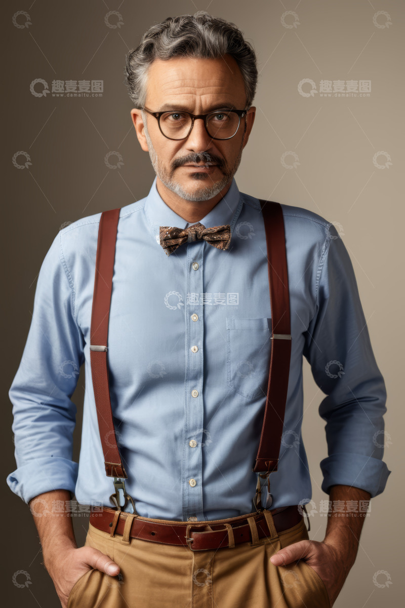 高清大图下载【趣麦麦图】戴眼镜穿背带的成熟男士肖像