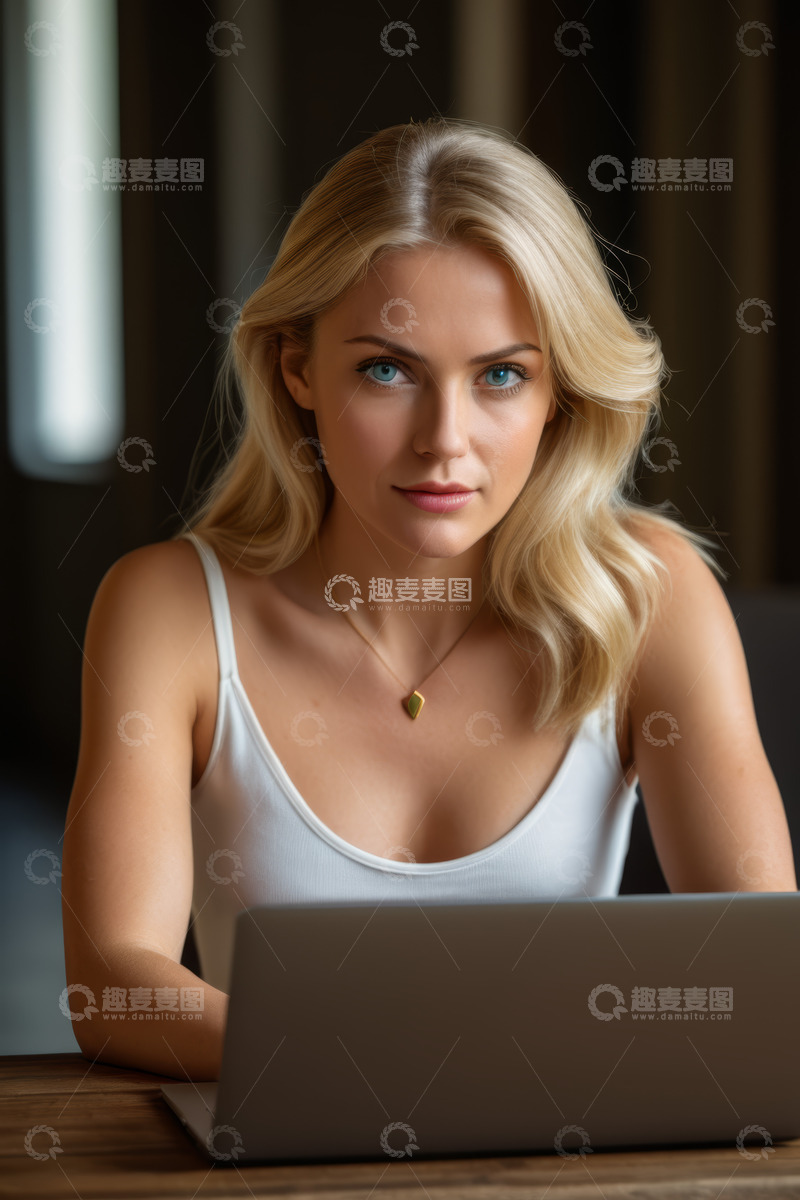 高清大图下载【趣麦麦图】金发女子使用笔记本电脑