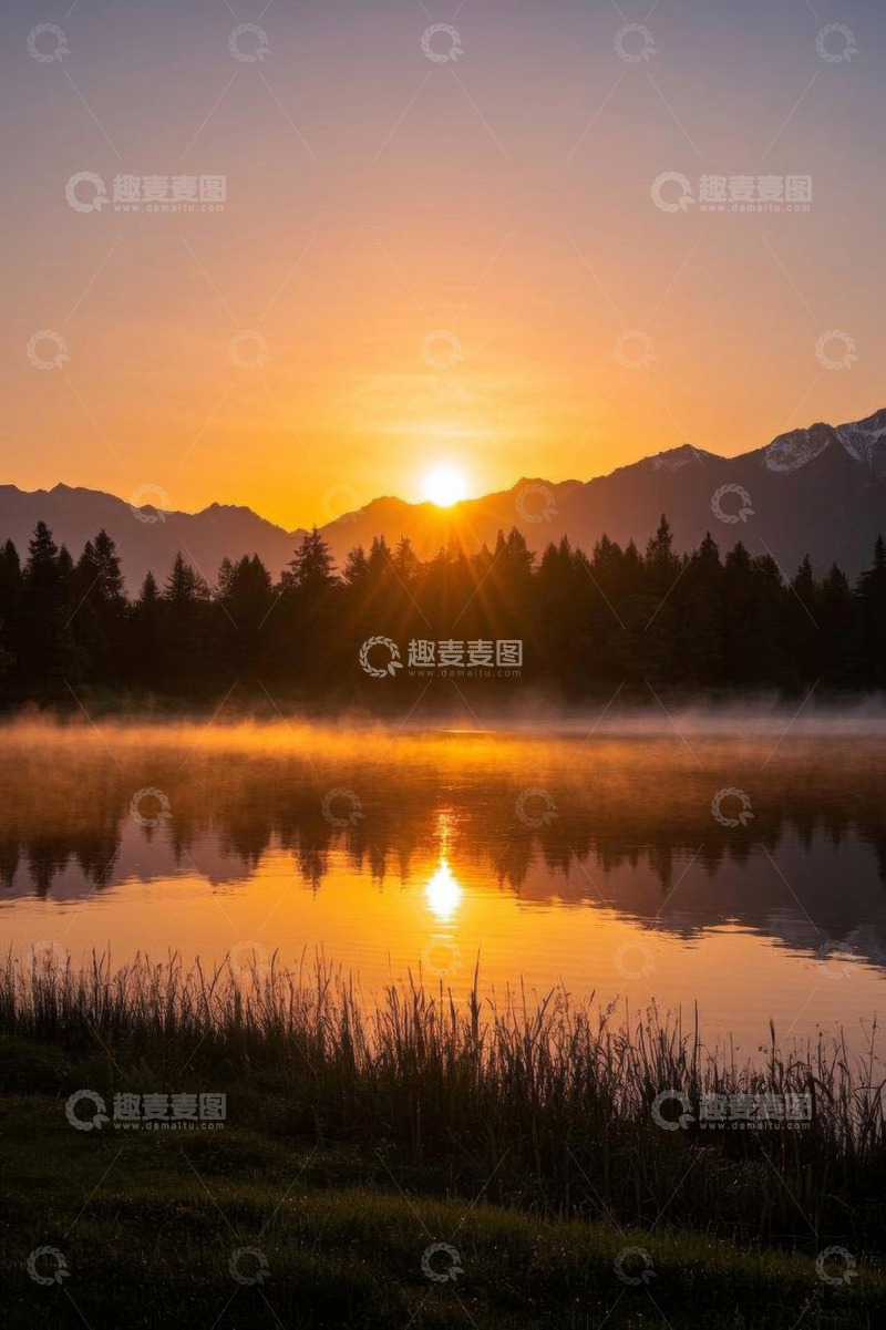 高清大图下载【趣麦麦图】湖边日出山林倒影美景