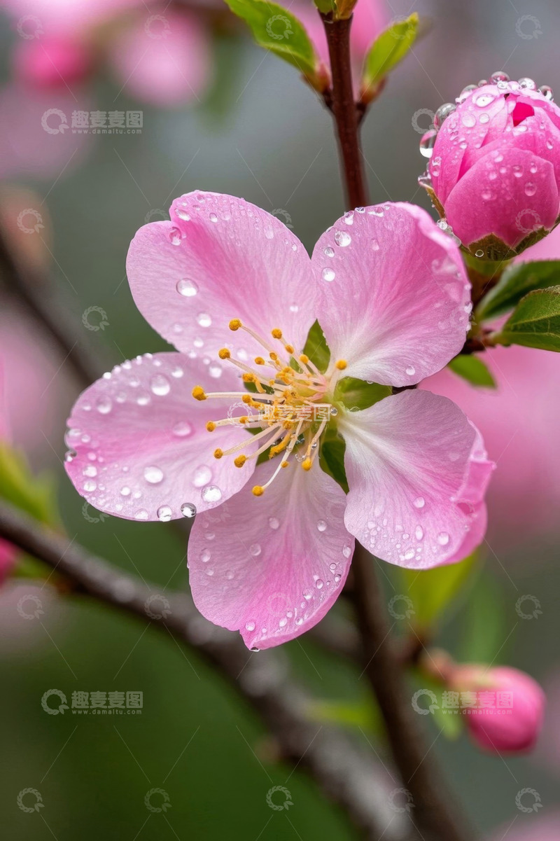高清大图下载【趣麦麦图】带水珠的粉色花卉特写