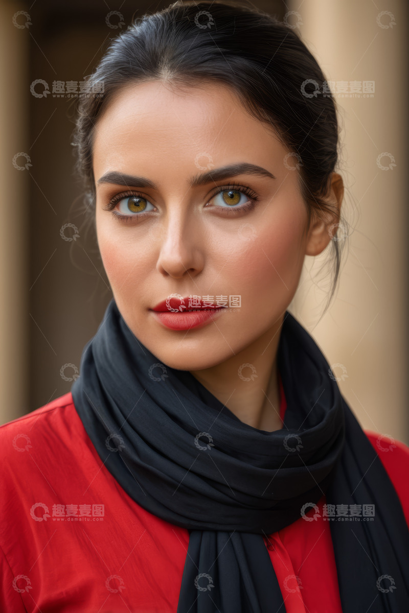 高清大图下载【趣麦麦图】戴围巾红衣女子肖像