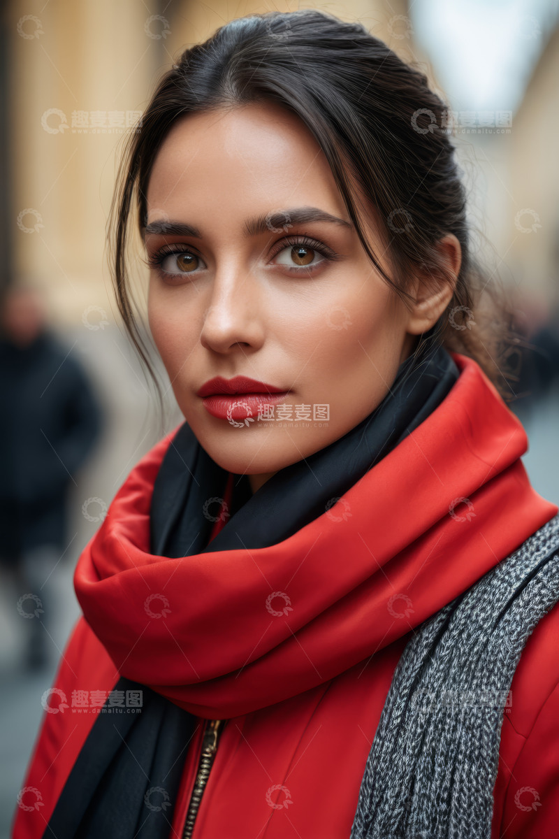 高清大图下载【趣麦麦图】户外戴红围巾的女性特写