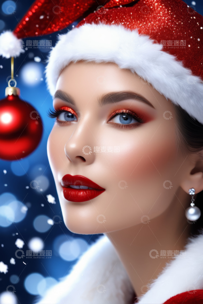 高清大图下载【趣麦麦图】戴圣诞帽化圣诞妆的女性