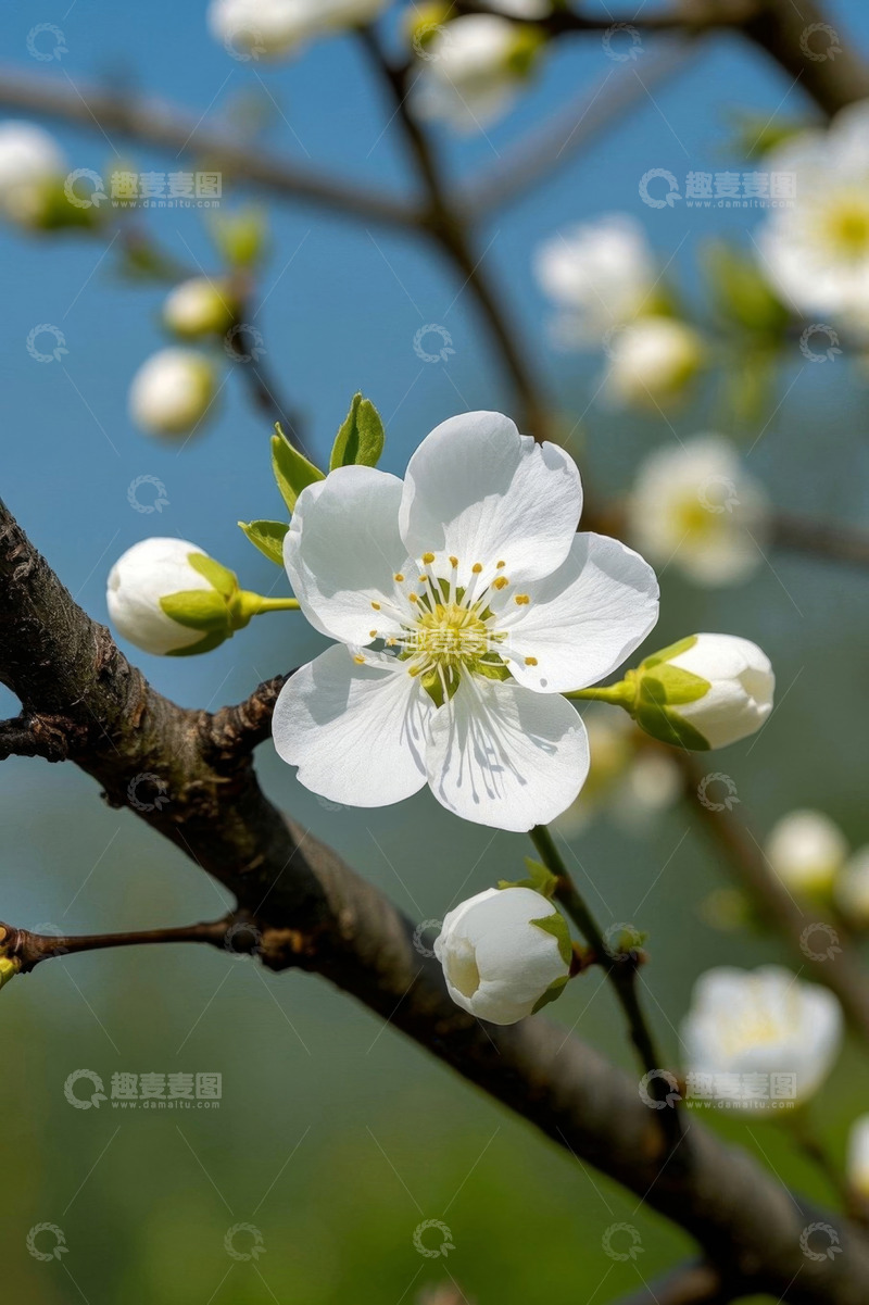 高清大图下载【趣麦麦图】枝头绽放的白色花朵特写