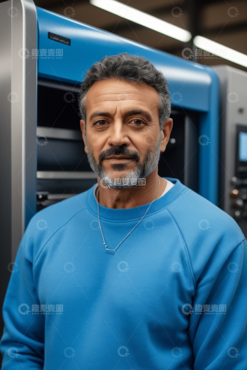 高清大图下载【趣麦麦图】身着蓝衣男子站在工业设备前