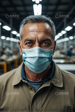 工厂内戴口罩的男性工人肖像