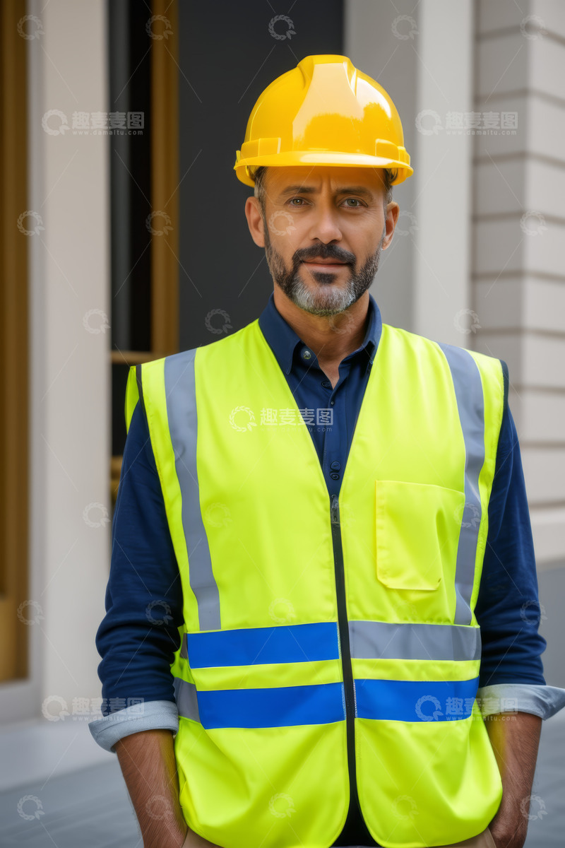 高清大图下载【趣麦麦图】穿着反光背心的建筑工人肖像