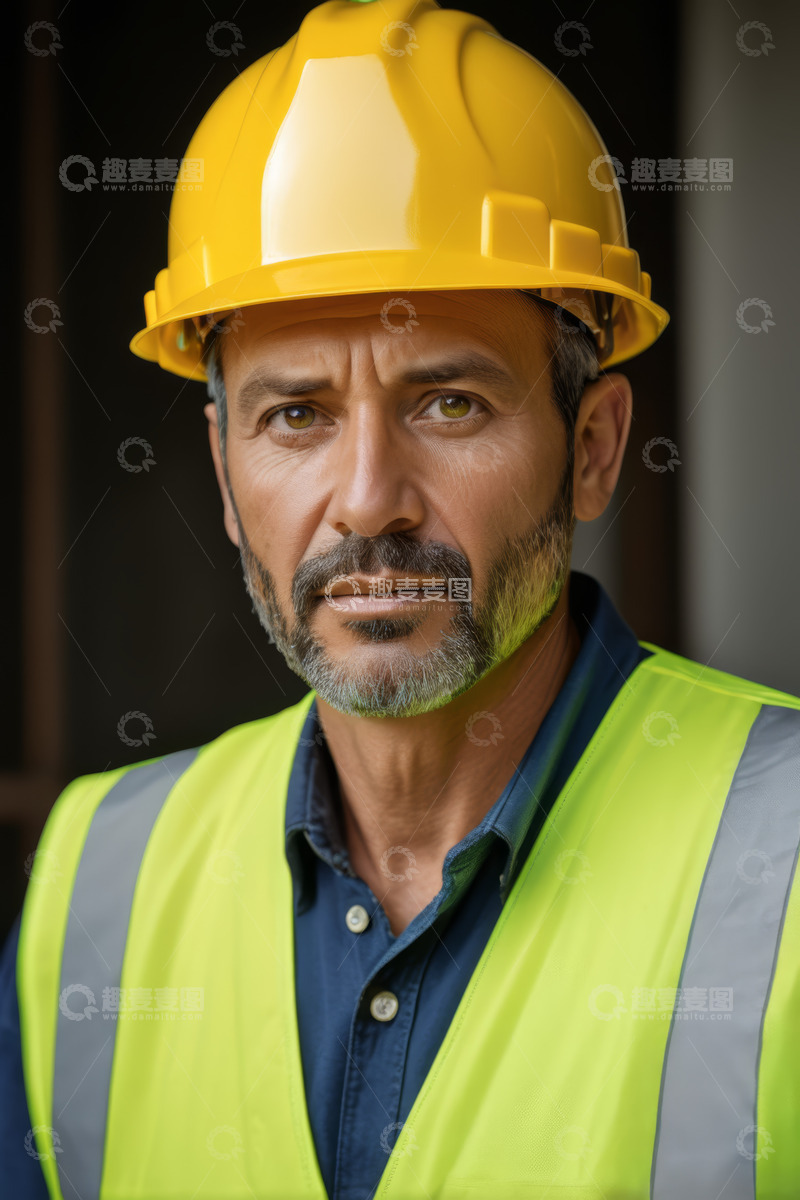 高清大图下载【趣麦麦图】戴安全帽穿反光背心的工人