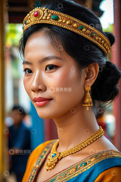 佩戴传统金饰的亚洲女性肖像