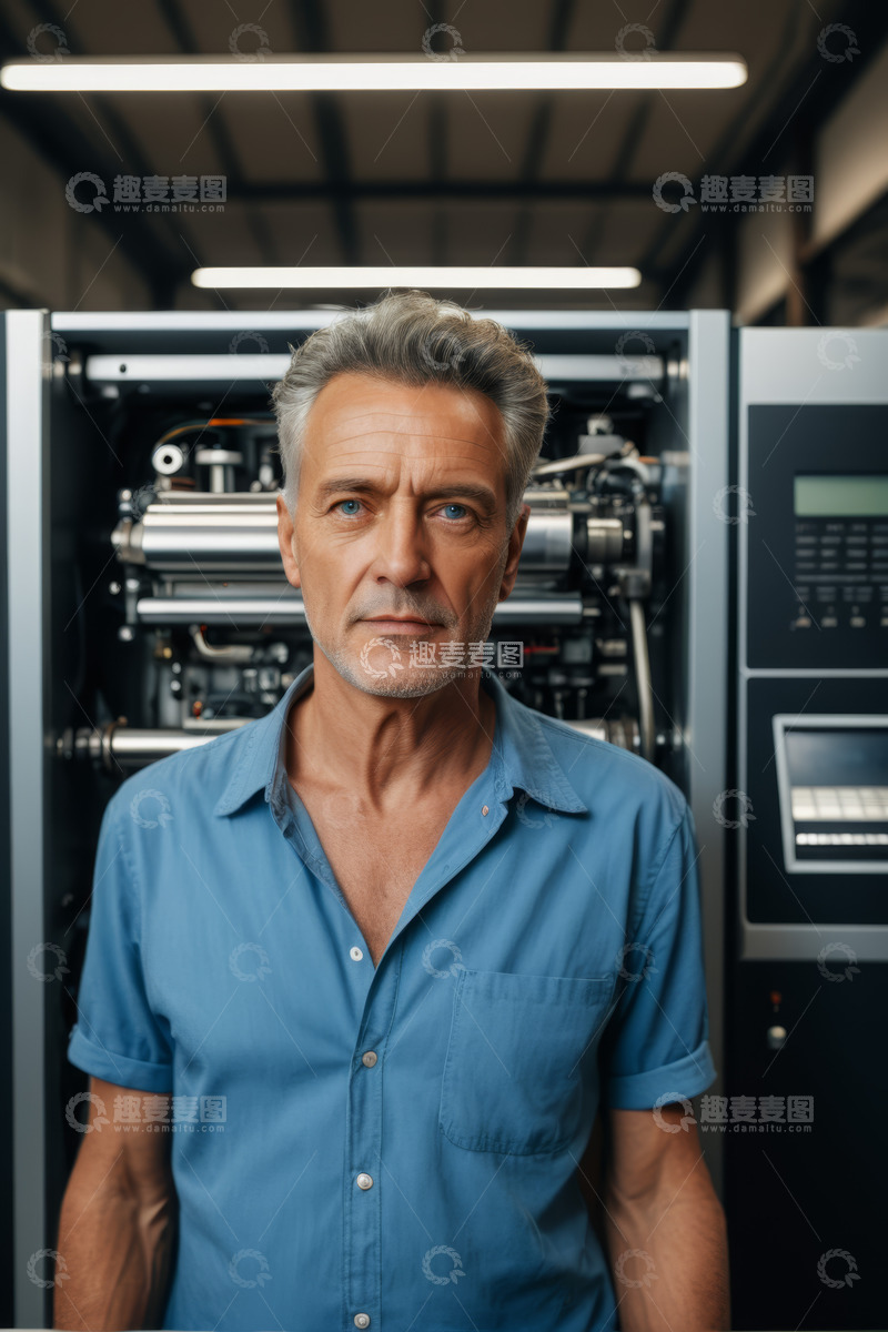 高清大图下载【趣麦麦图】中年男子站在工业机器前