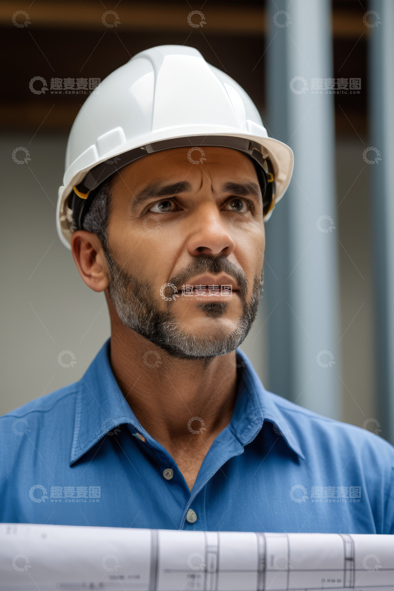 高清大图下载【趣麦麦图】戴安全帽工程师手持工程图纸