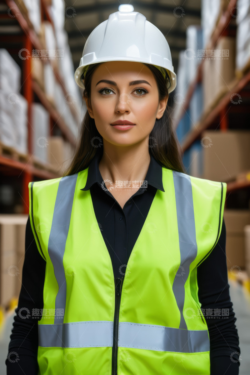 高清大图下载【趣麦麦图】仓库女工人佩戴安全帽肖像