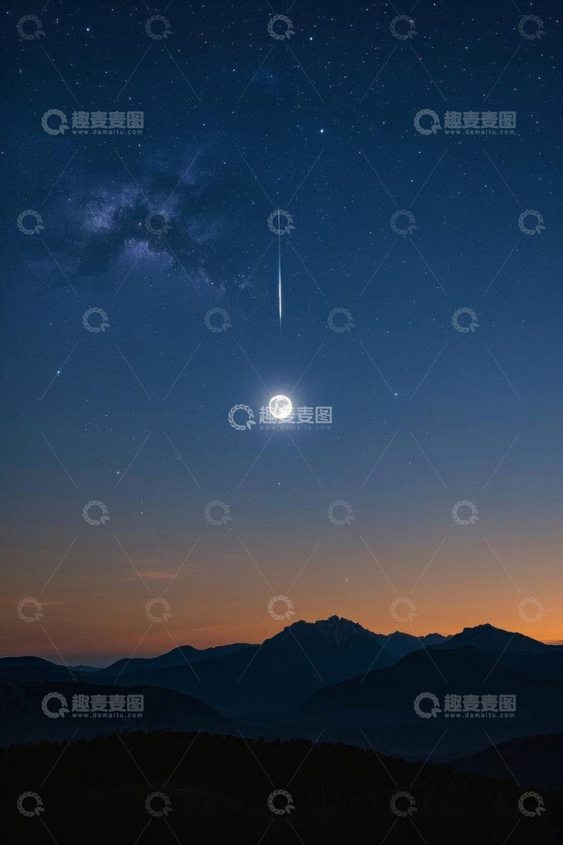 高清大图下载【趣麦麦图】夜空下的月亮流星与山脉景象