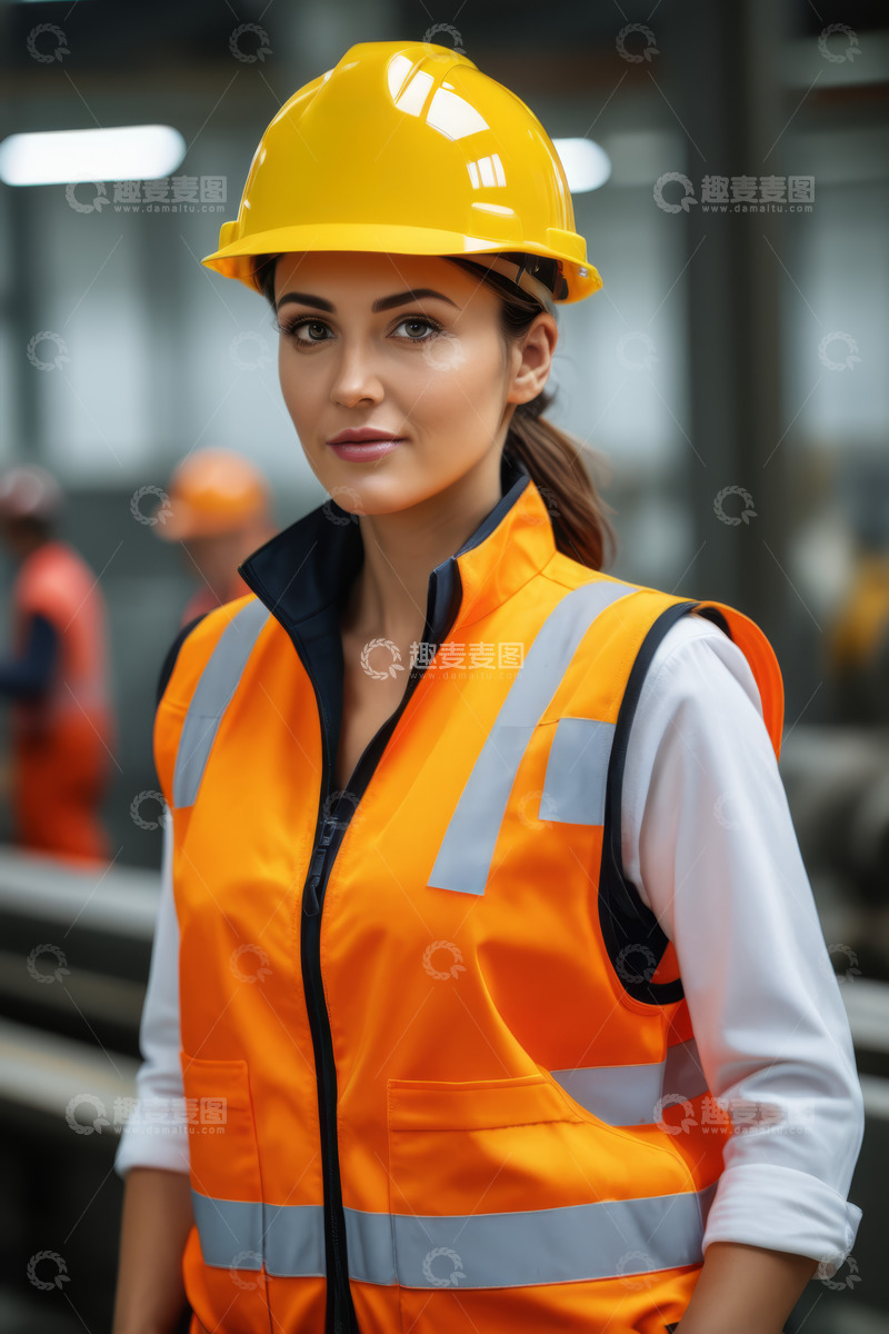 高清大图下载【趣麦麦图】工厂女工人穿戴安全帽和反光背心