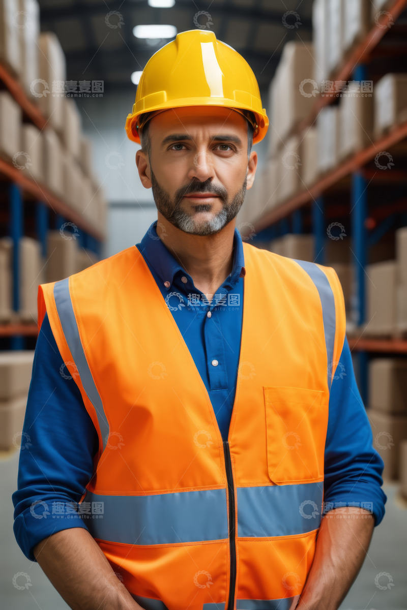 高清大图下载【趣麦麦图】仓库工人穿着反光背心戴安全帽