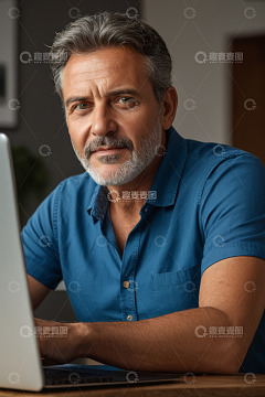 中年男子使用笔记本电脑办公