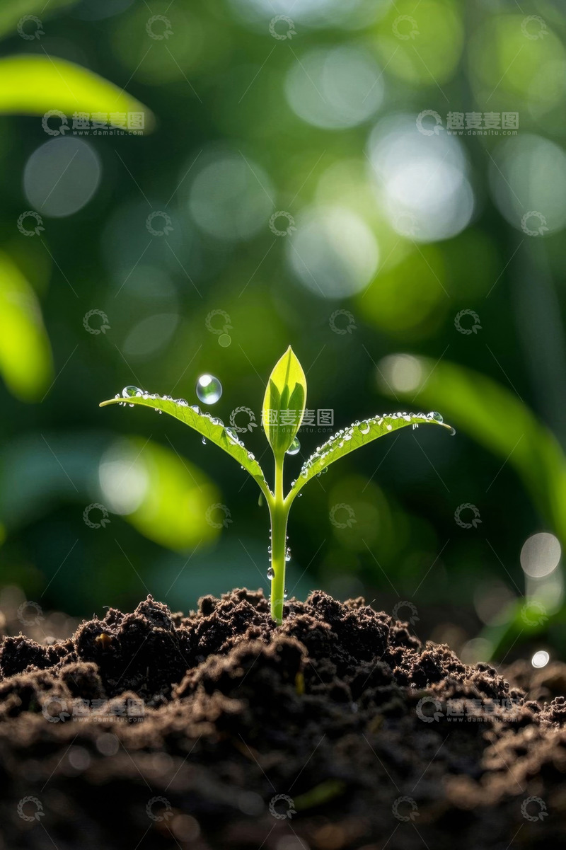 高清大图下载【趣麦麦图】带露珠的嫩绿幼苗特写