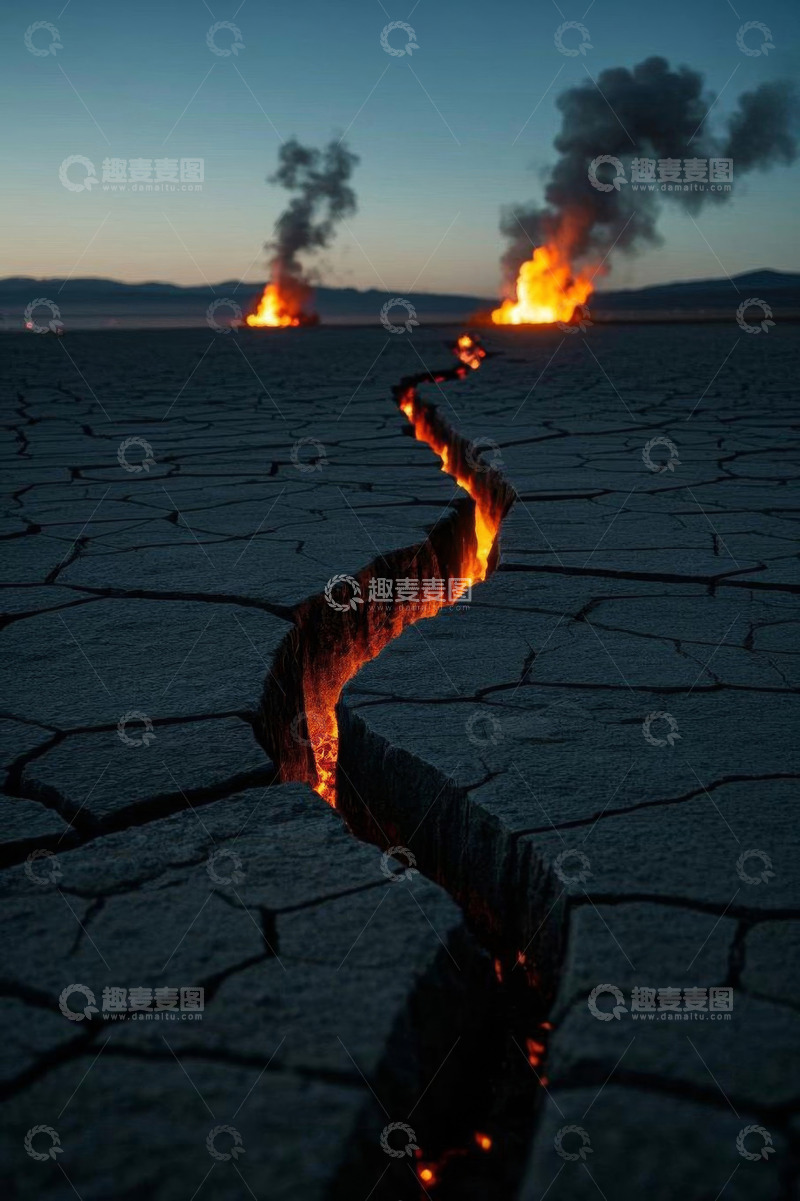 高清大图下载【趣麦麦图】地面裂缝熔岩燃烧景象
