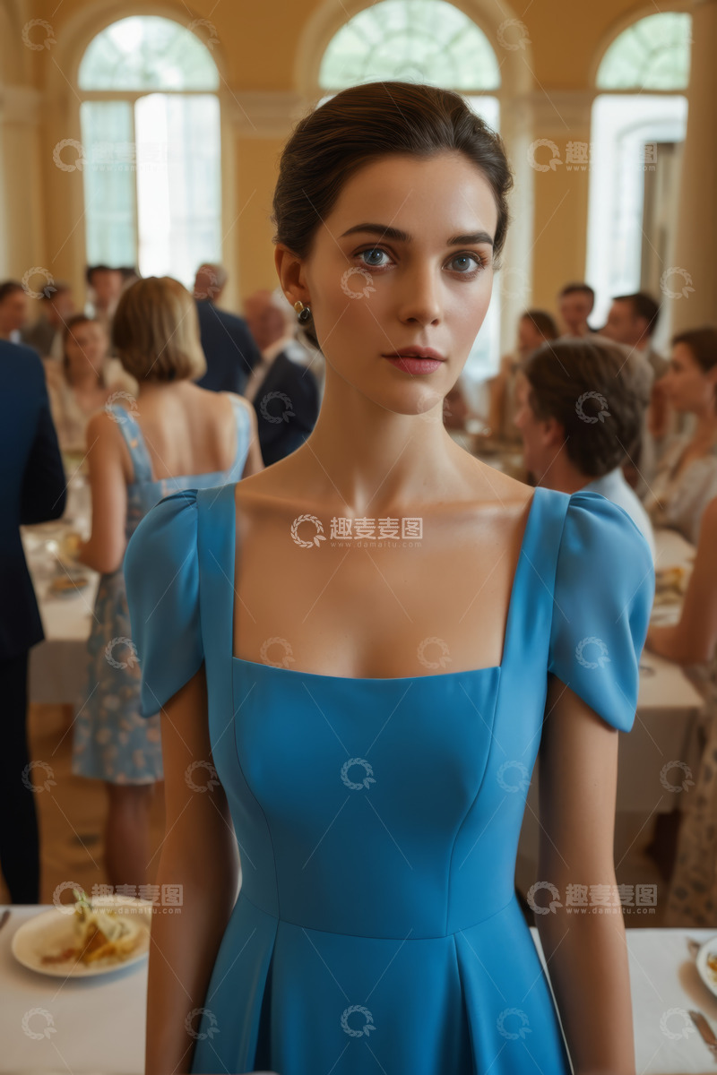 高清大图下载【趣麦麦图】身着蓝裙女子在宴会场合特写