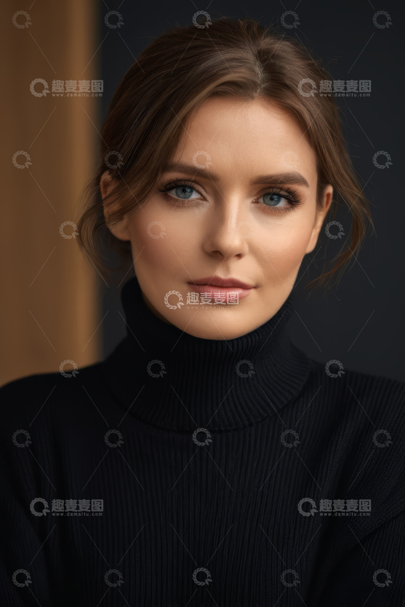 高清大图下载【趣麦麦图】年轻女子高领毛衣肖像特写