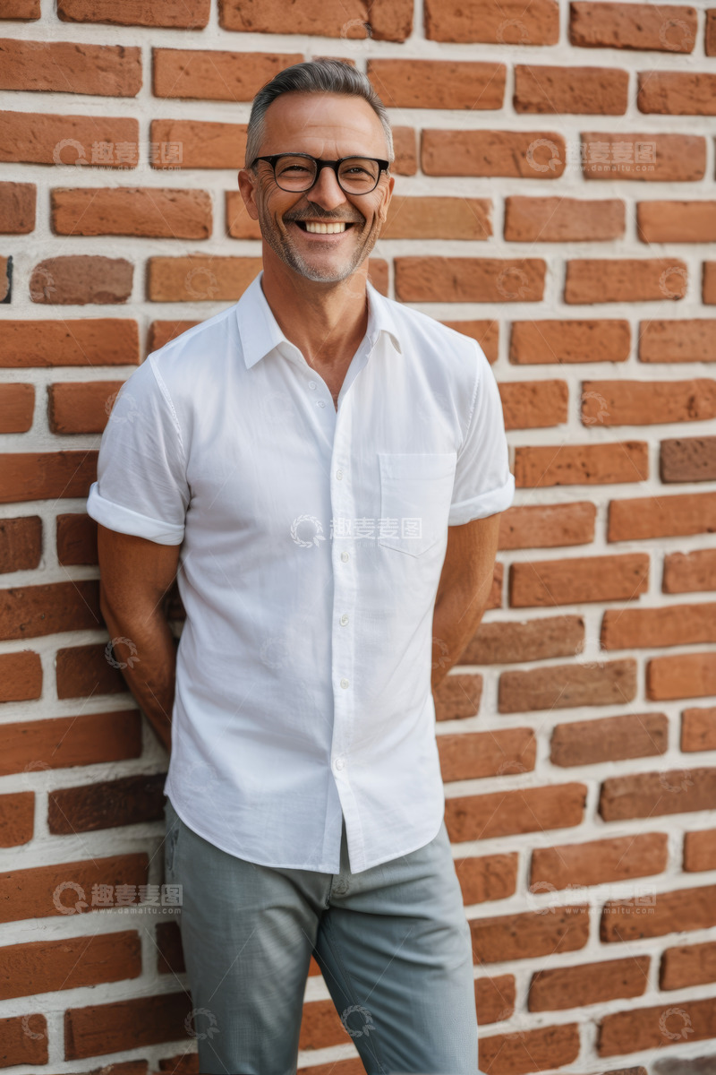 高清大图下载【趣麦麦图】靠墙而立微笑的中年男子