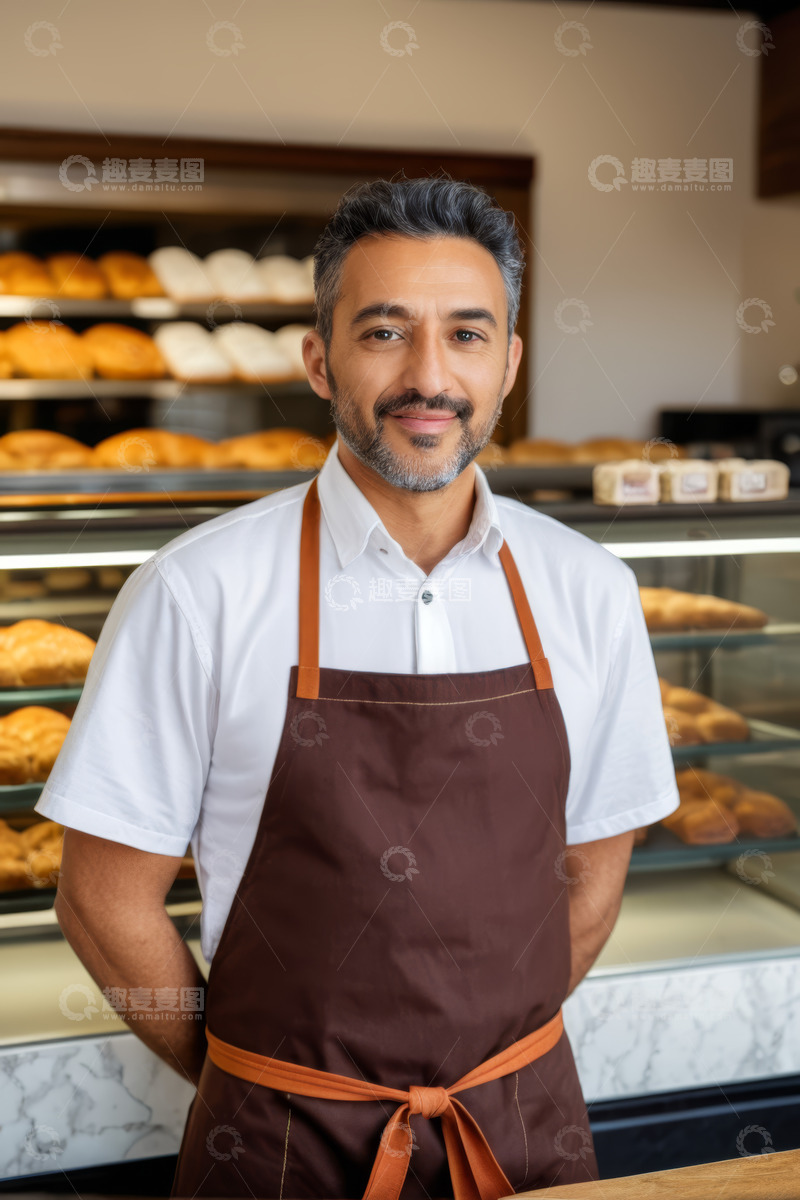 高清大图下载【趣麦麦图】面包店内穿围裙的男店员