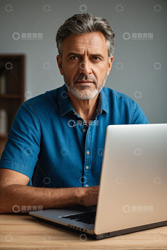 中年男子桌前使用笔记本电脑