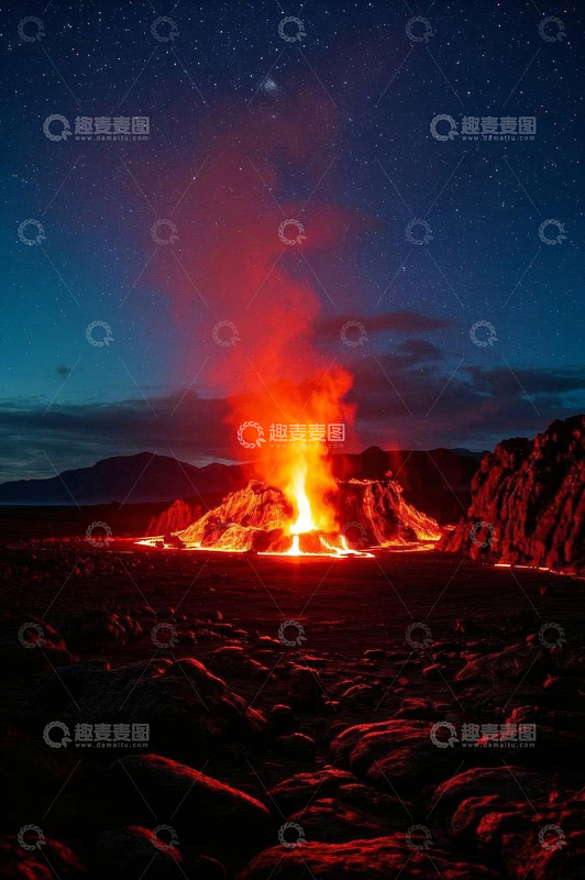 夜空下喷发的火山景观