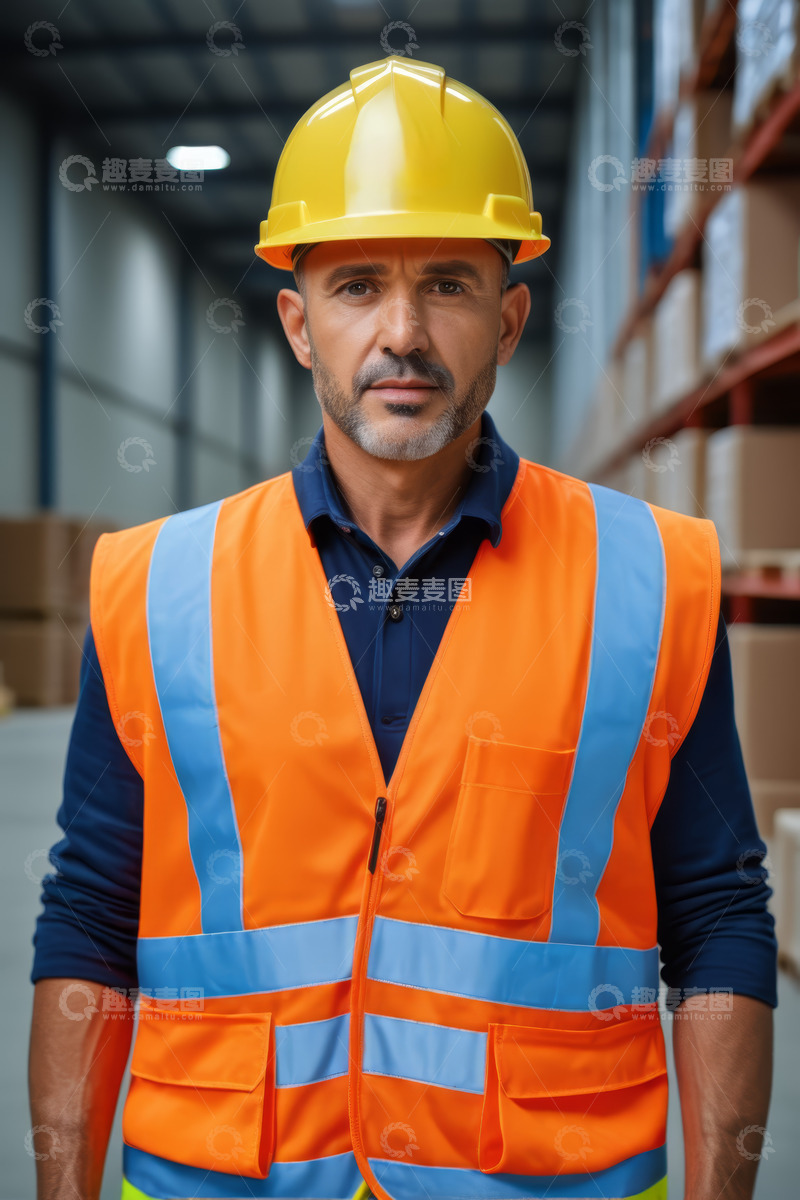 高清大图下载【趣麦麦图】仓库工人穿戴安全帽和反光背心