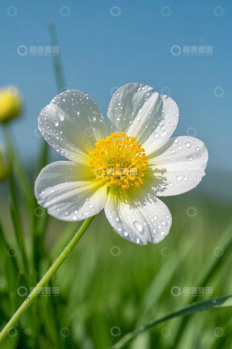 高清大图下载【趣麦麦图】带露珠的白色单朵小花特写