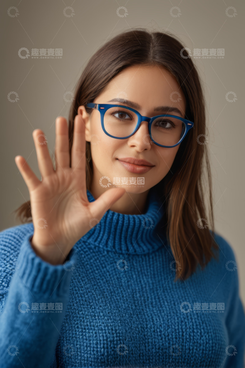 高清大图下载【趣麦麦图】戴蓝框眼镜女士微笑打招呼