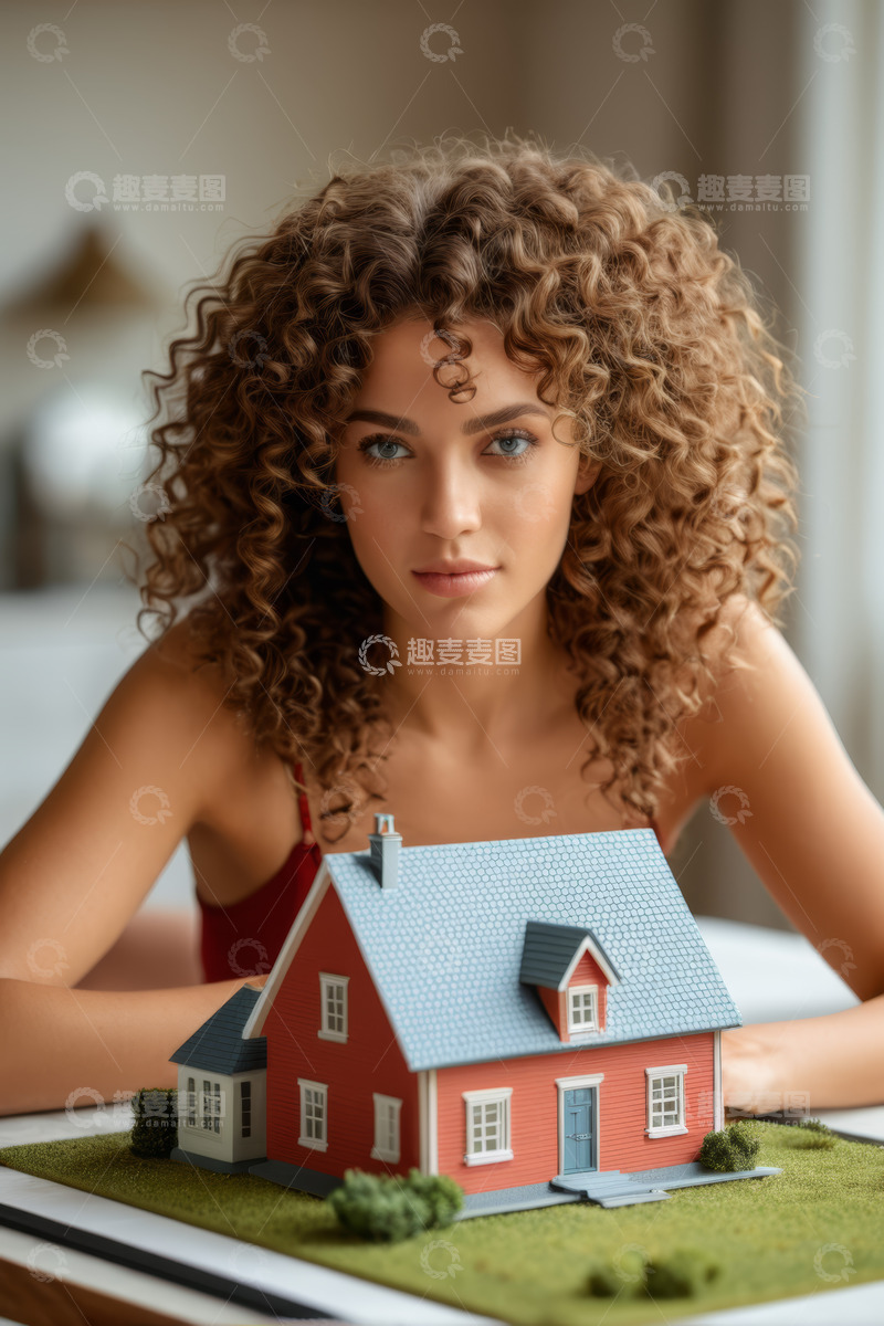 高清大图下载【趣麦麦图】女子与房屋模型的居家场景