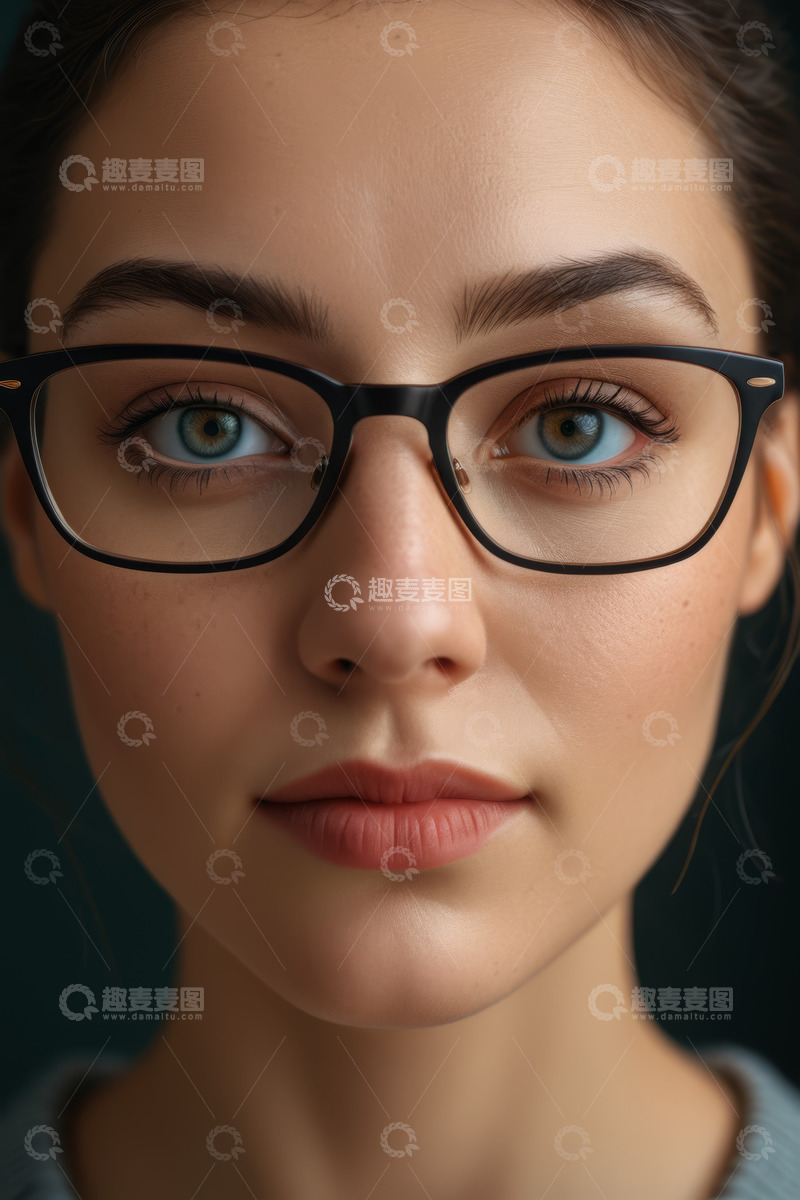 高清大图下载【趣麦麦图】戴眼镜的年轻女性面部特写