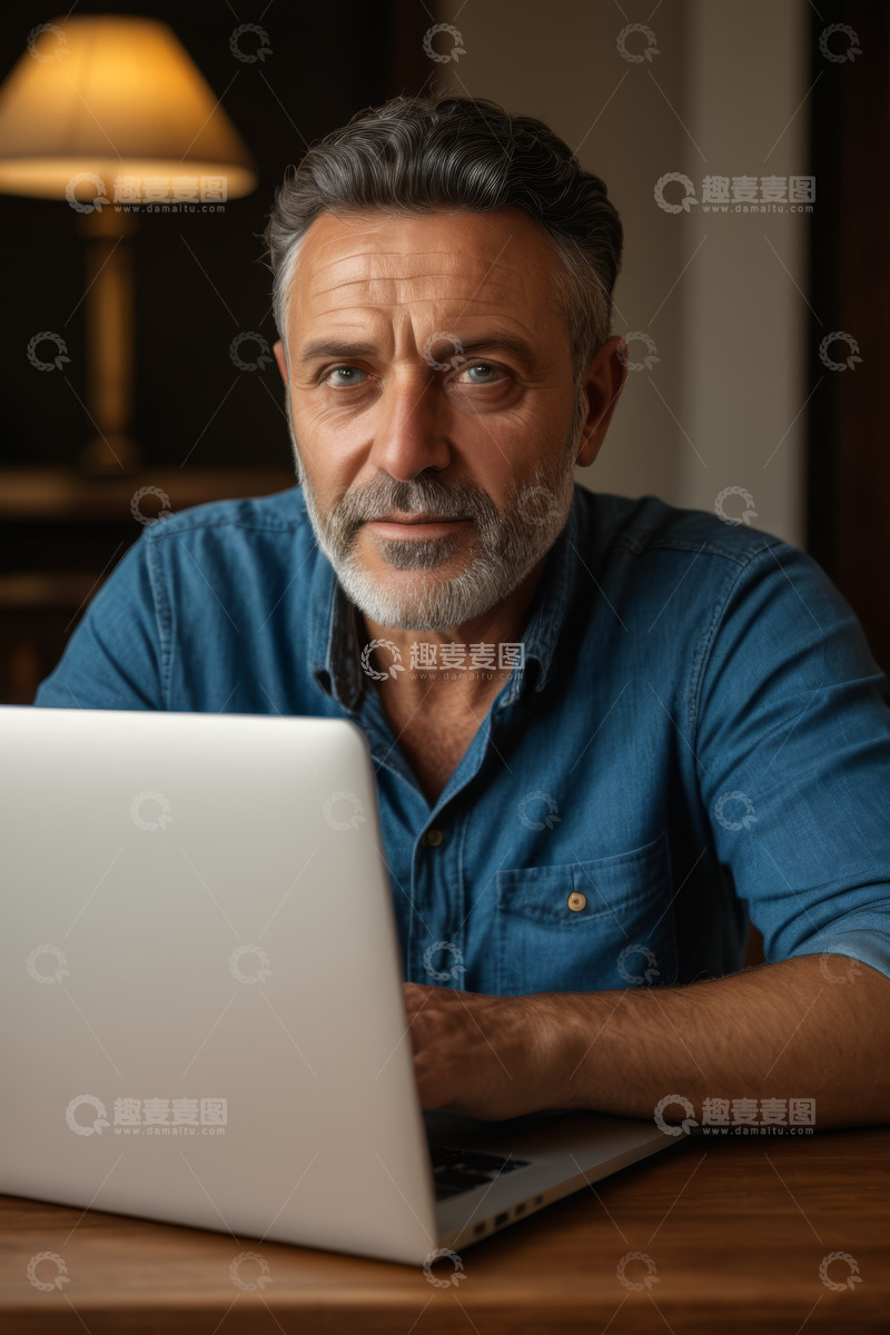 高清大图下载【趣麦麦图】中年男子专注使用笔记本电脑