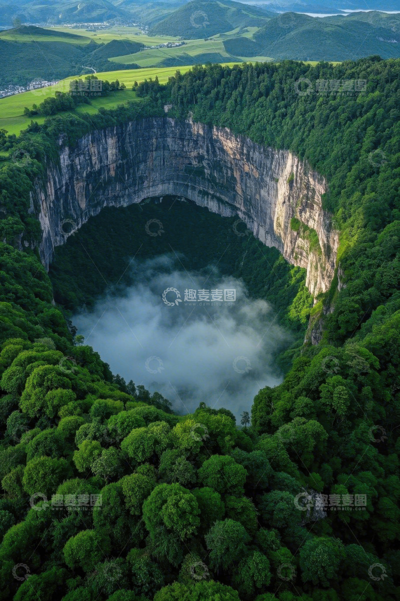 高清大图下载【趣麦麦图】森林环绕的巨大天坑俯瞰