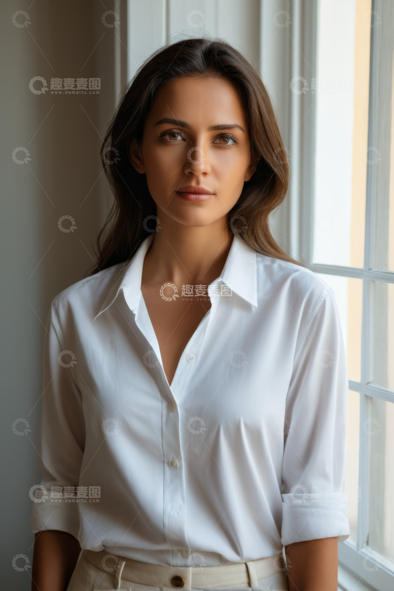高清大图下载【趣麦麦图】窗边穿着白衬衫的年轻女性